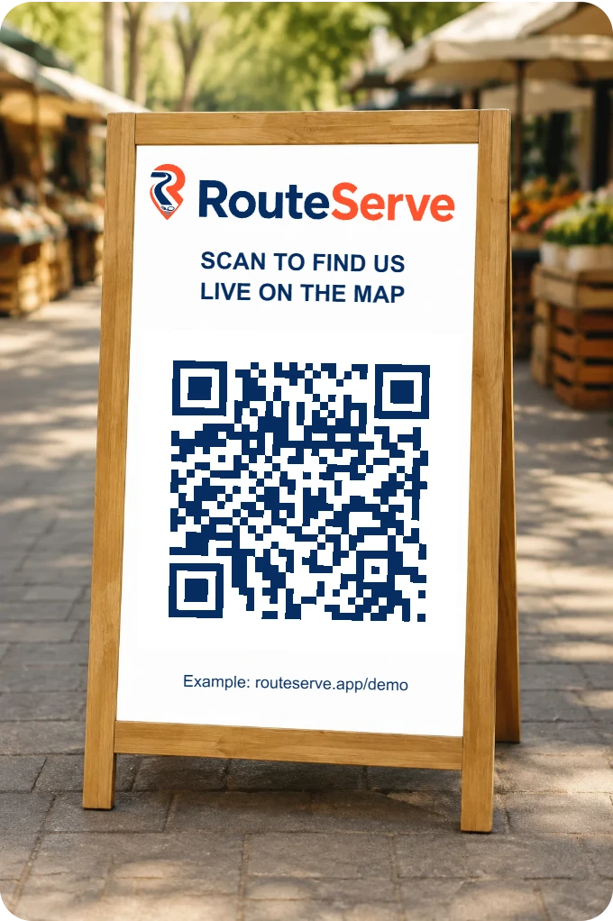 A pavement sign showing a RouteServe QR code
